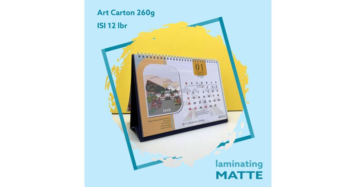 Kalender A5 210x150 Landscape, Isi 12 lbr, Art Carton 260g 2 Sisi Laminating Matte
